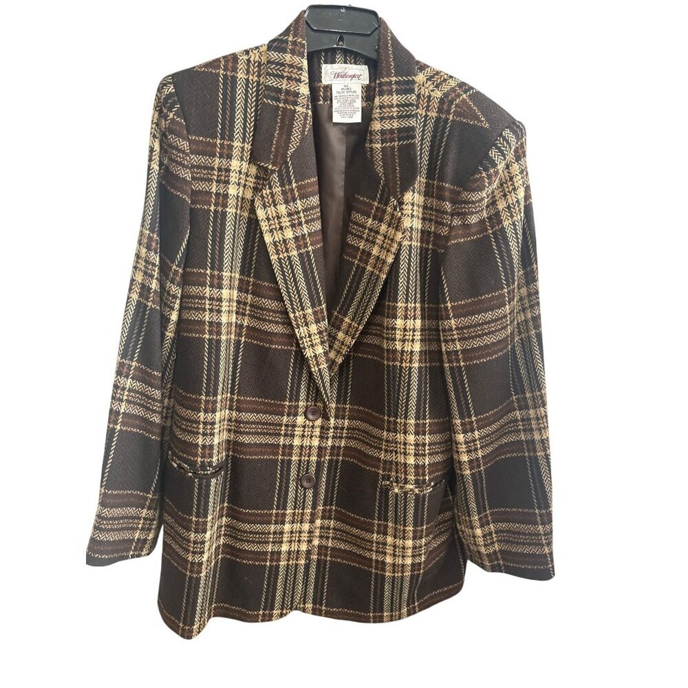 Vintage‎ Worthington Wool Blend Plaid Blazer 16W Brown Checkered Retro Academia